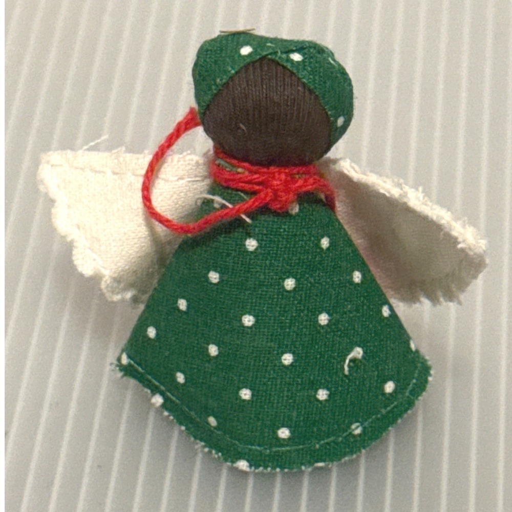 Handmade Fabric Angel Pin Women Small Green Good Polka Dot Folk Art Brooch